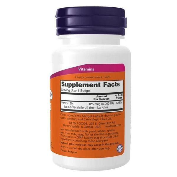 Витамин Д3 NOW Foods Vitamin D3 5000 IU, 30 капсул 733739003744 фото